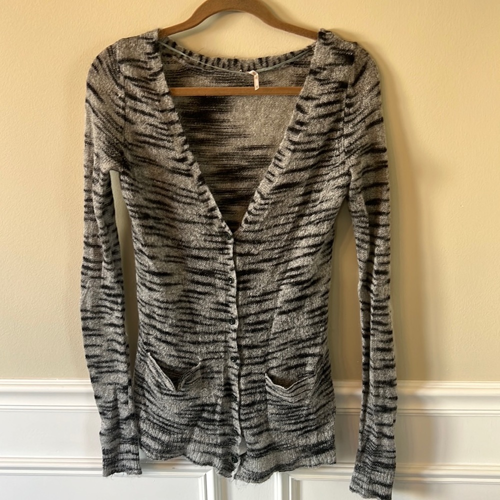 Free People Gray and Black Striped Knit Cardigan